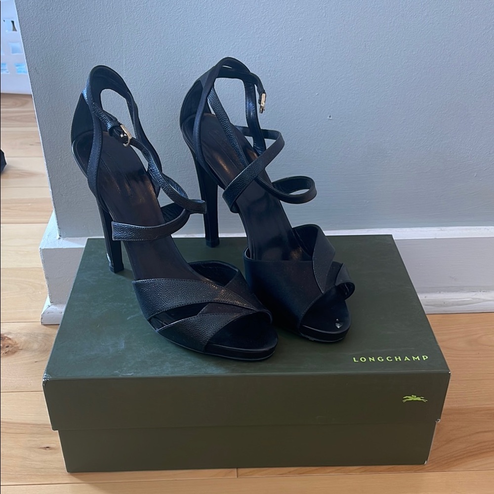 Longchamp Black Heels with Strappy Design and High Stiletto